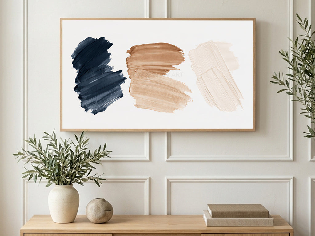 Navy Tan Cream Swatches art on a TV in a living room