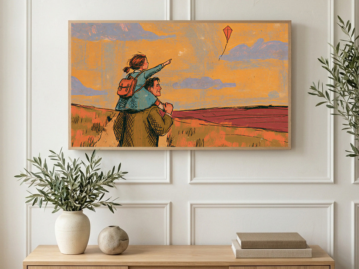 Father Daughter Kite art on a TV in a living room