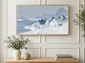 Snowy Seaside Village art on a TV in a living room