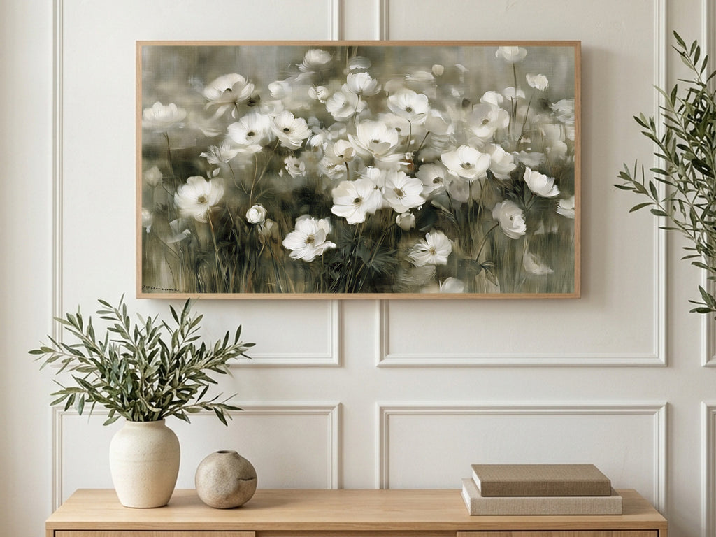 White Anemone Field art on a TV in a living room