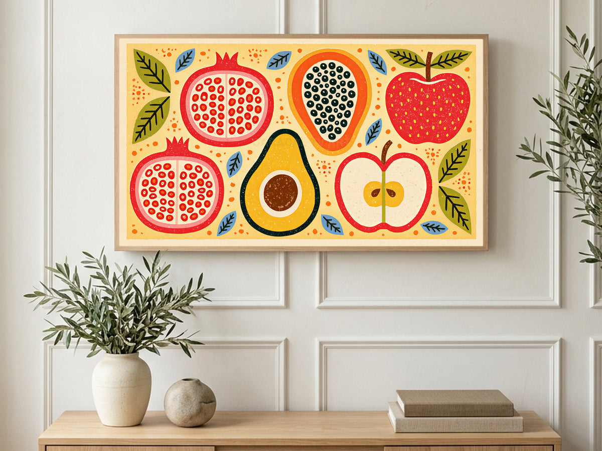 Cut Fruit Halves art on a TV in a living room