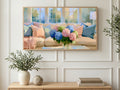 Hydrangeas by the Sofa art on a TV in a living room