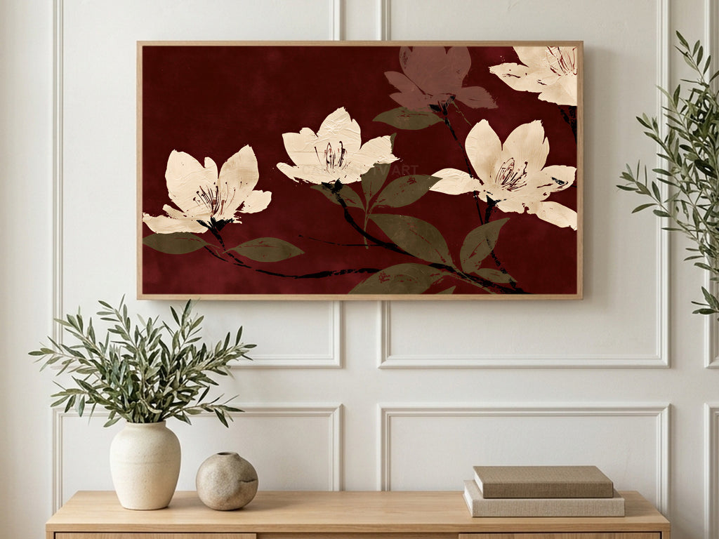 Burgundy Blossom Branches art on a TV in a living room