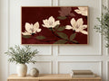 Burgundy Blossom Branches art on a TV in a living room