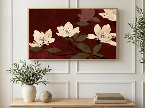 Burgundy Blossom Branches art on a TV in a living room