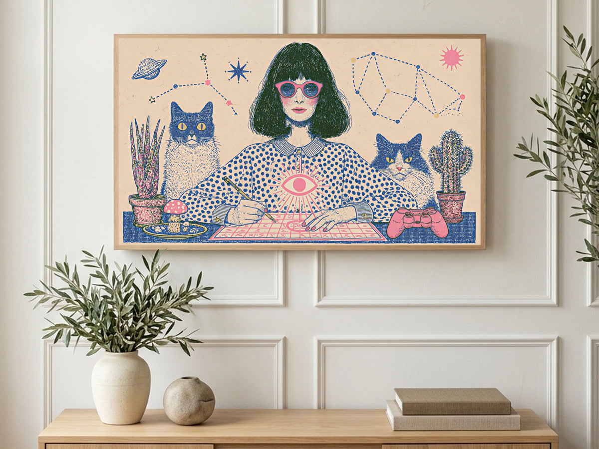 Star Chart and Cats art on a TV in a living room
