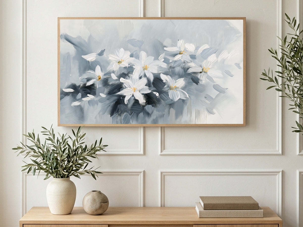 Charcoal Star Flowers art on a TV in a living room