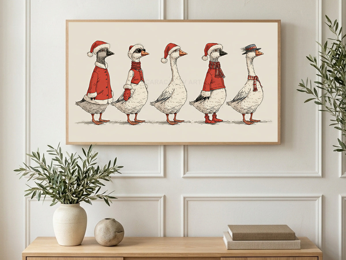 Five Festive Geese art on a TV in a living room