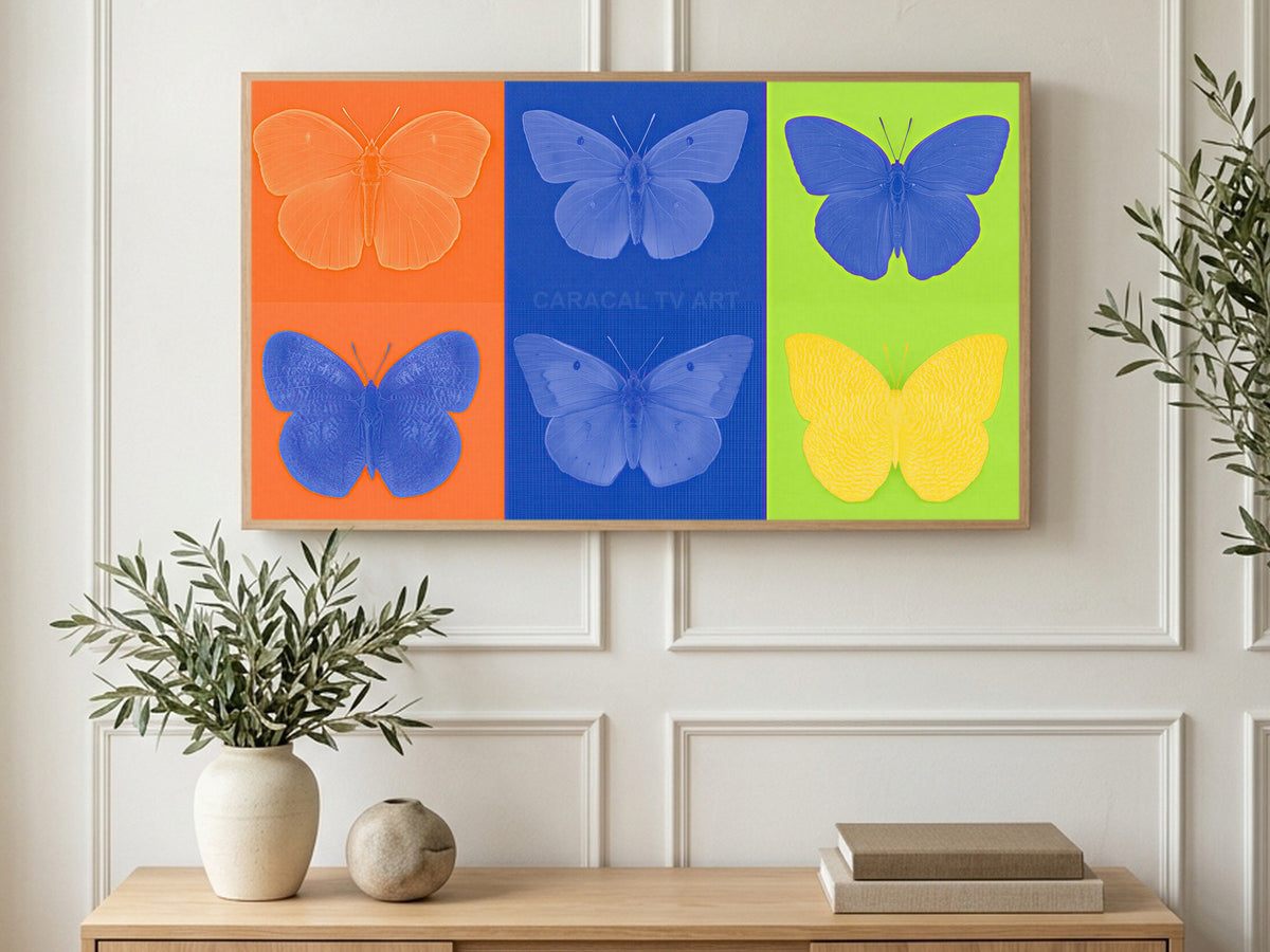 Color Block Butterflies art on a TV in a living room