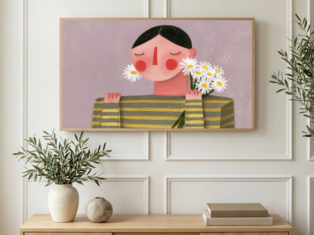 Rosy Cheeks and Daisies art on a TV in a living room