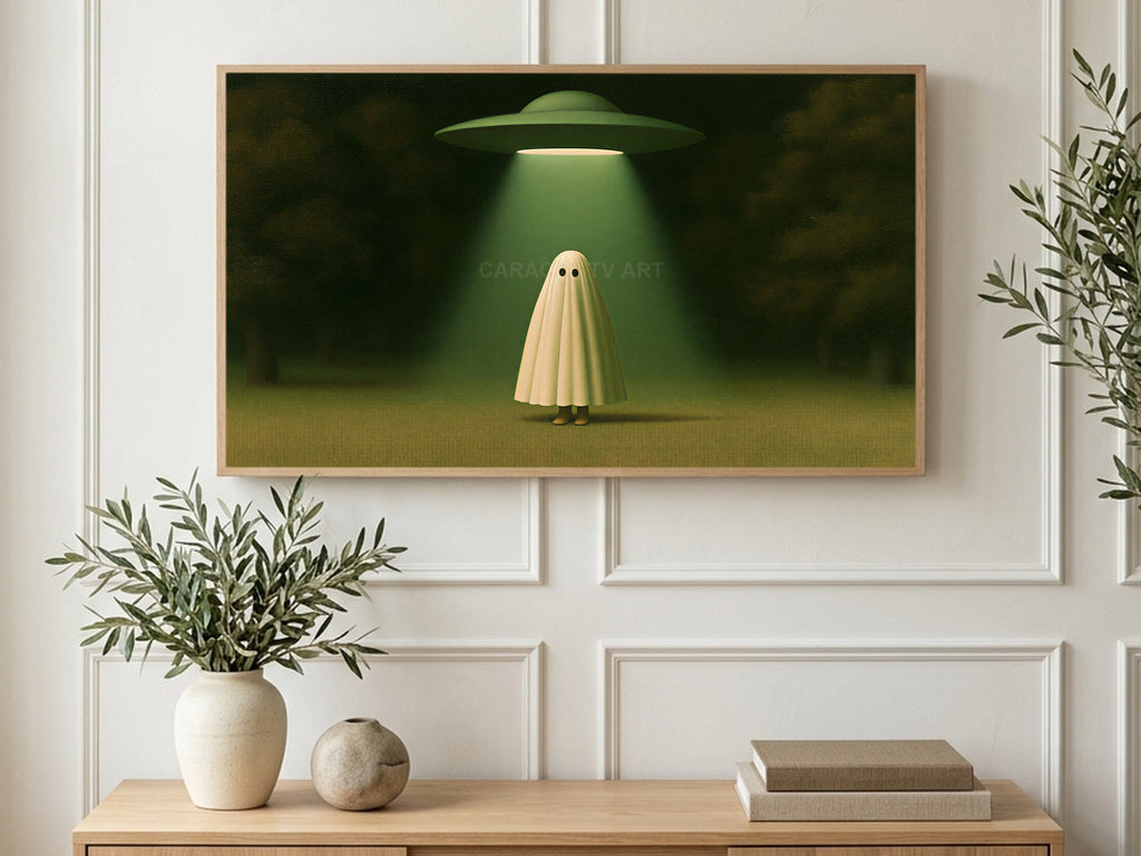 UFO Beam Ghost art on a TV in a living room
