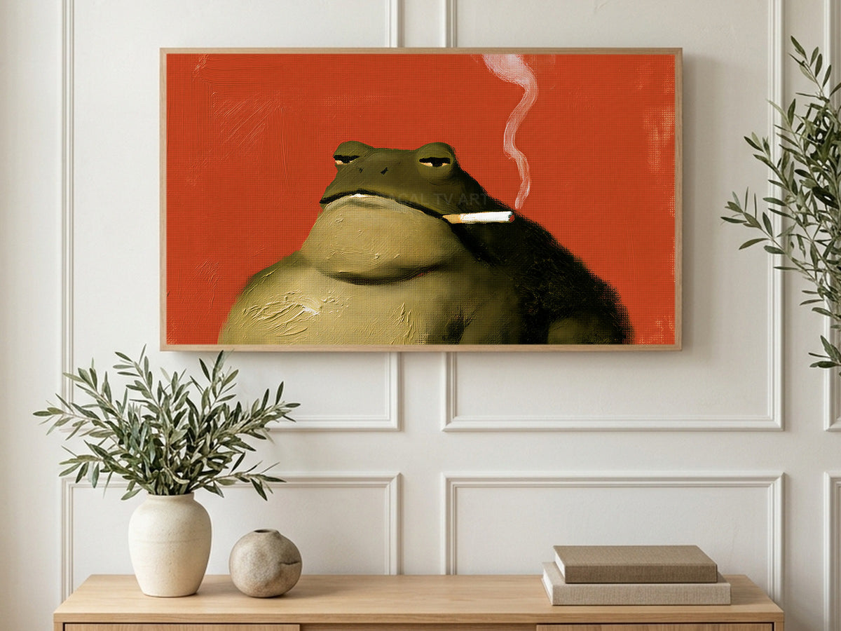 Smoking Toad on Red art on a TV in a living room