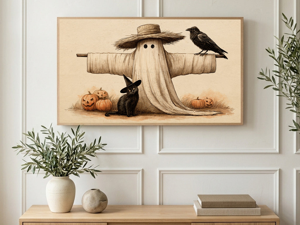 Straw Hat Scarecrow art on a TV in a living room