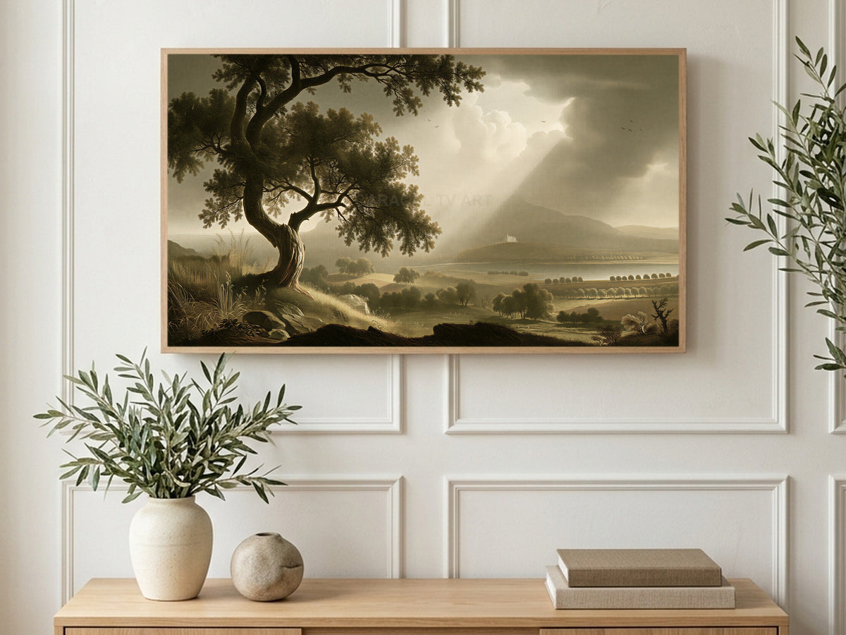 Old Oak Stormy Valley art on a TV in a living room
