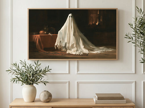 Candlelit Parlor Ghost art on a TV in a living room