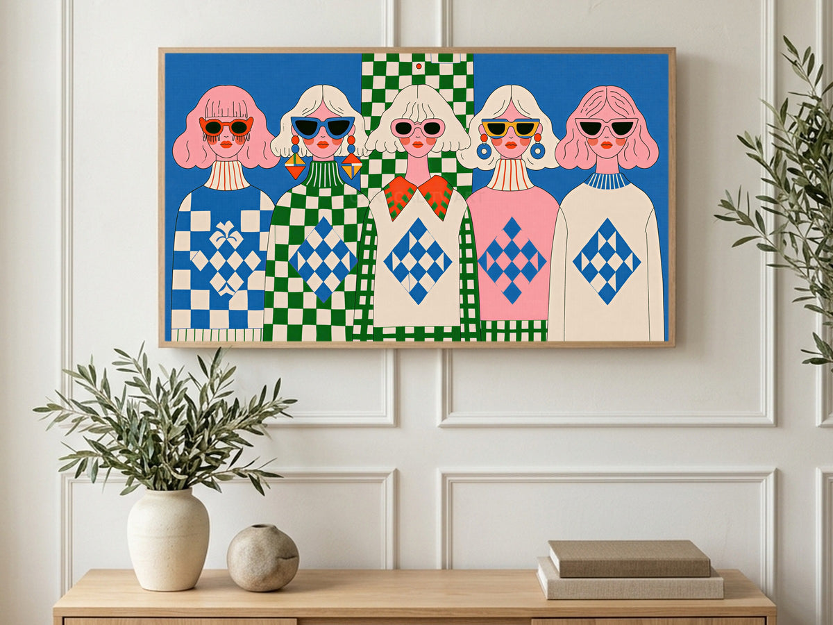Retro Sunglasses Squad art on a TV in a living room