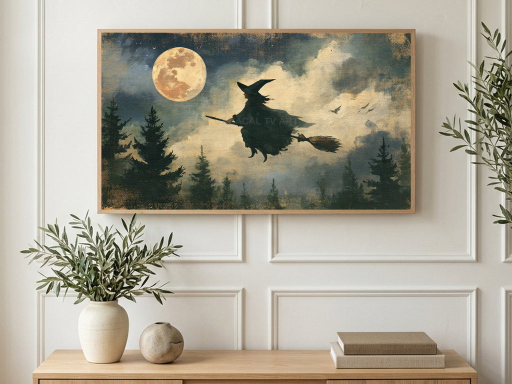Broomstick Moon Flight art on a TV in a living room