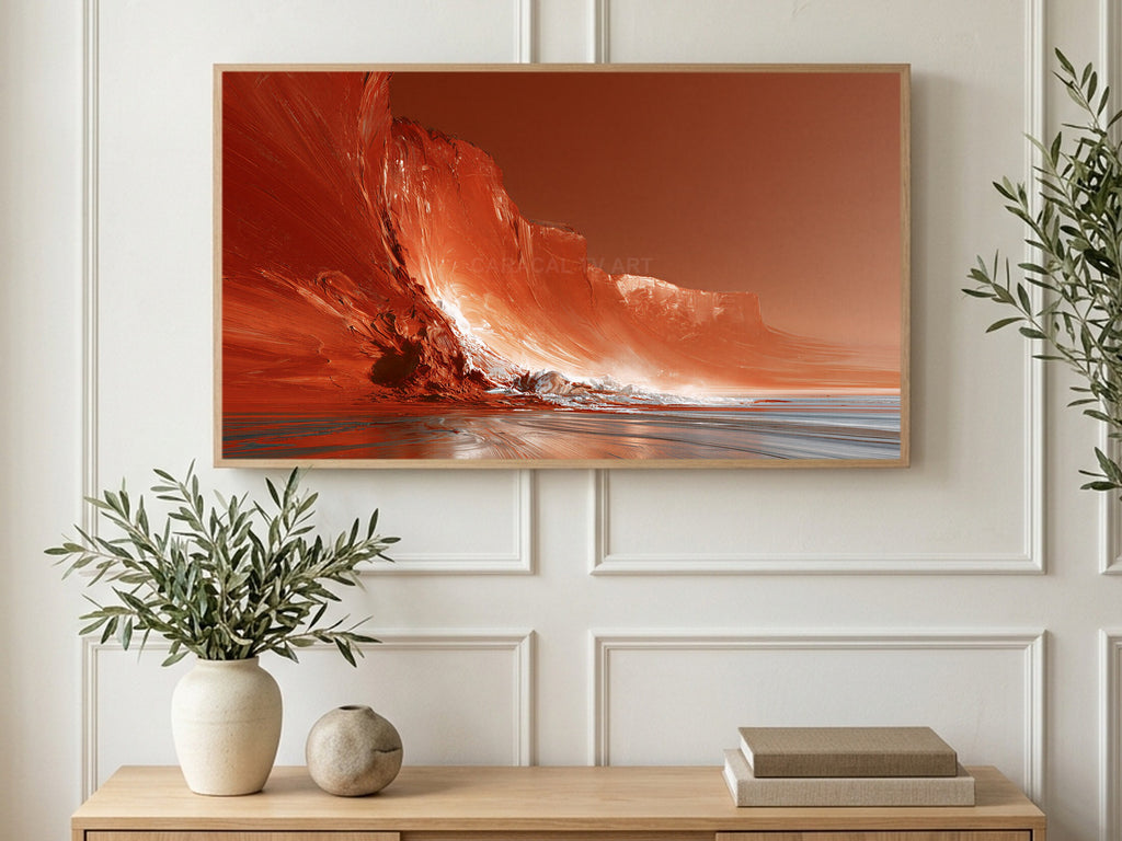 Fiery Sea Cliffs art on a TV in a living room