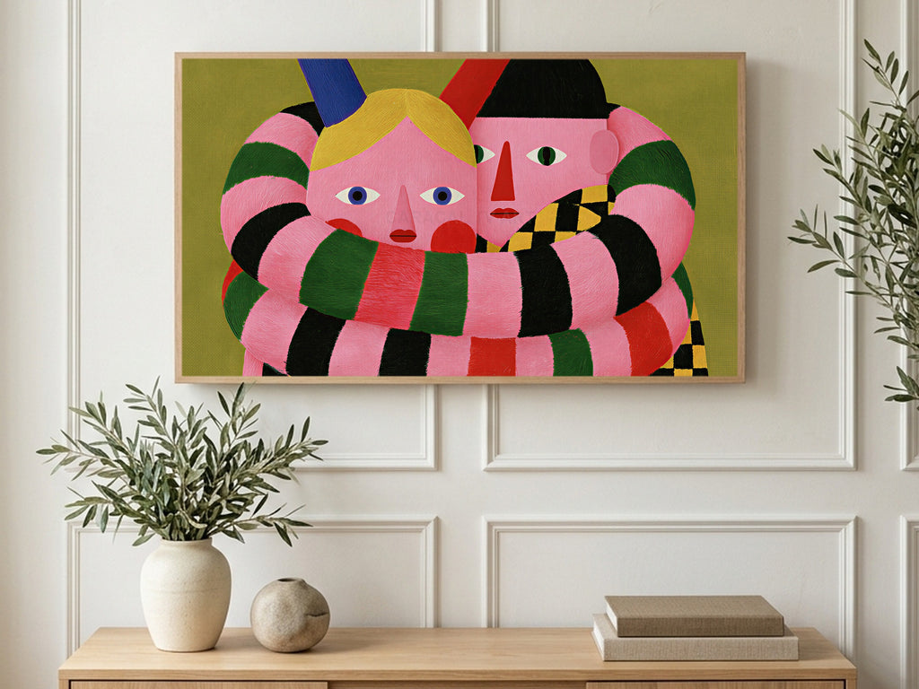 Long Striped Arms art on a TV in a living room