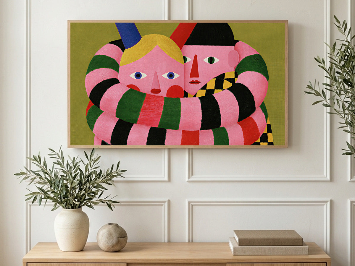 Long Striped Arms art on a TV in a living room