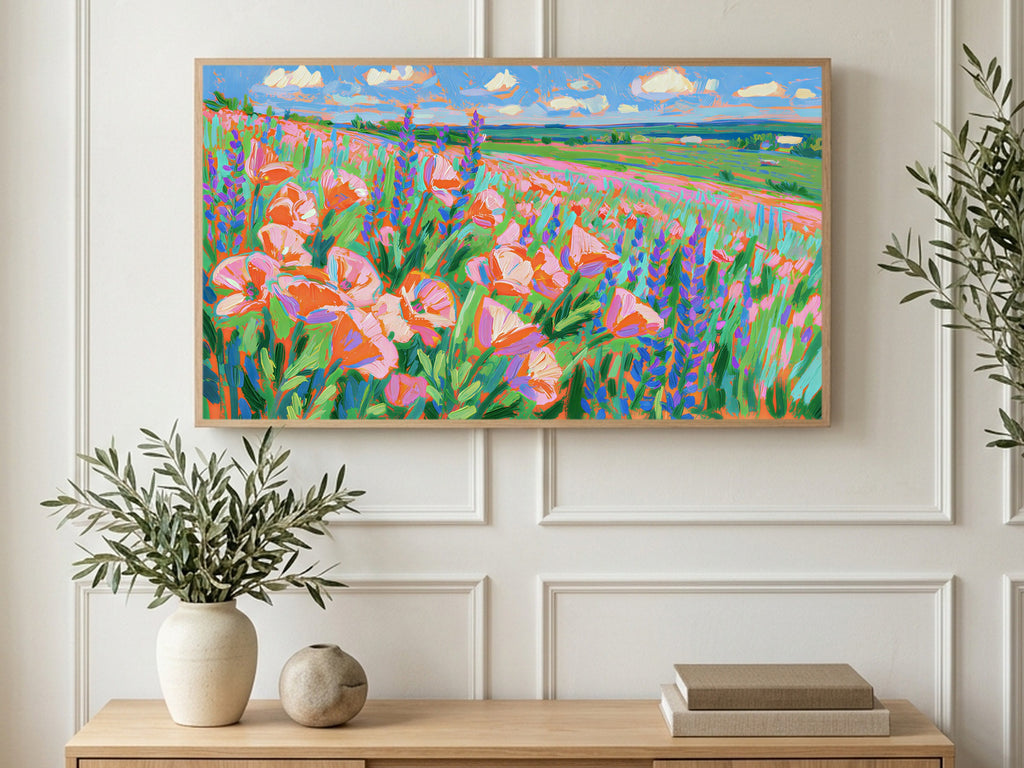 Poppy Lupine Field art on a TV in a living room