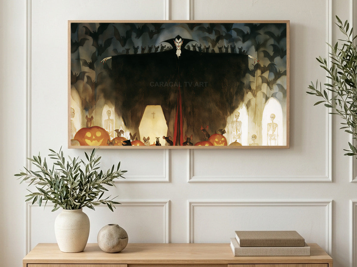 Caped Vampire Crypt art on a TV in a living room
