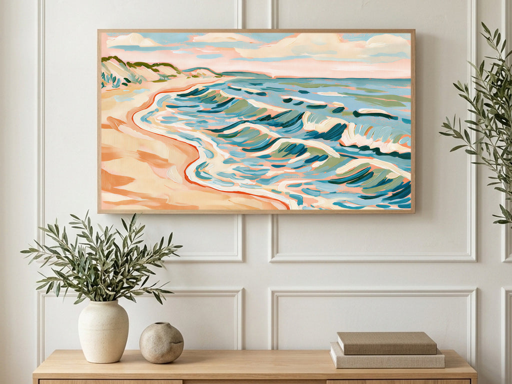 Dune Shoreline Waves art on a TV in a living room