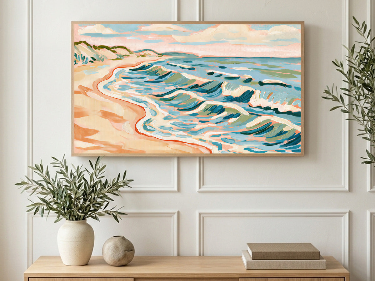 Dune Shoreline Waves art on a TV in a living room
