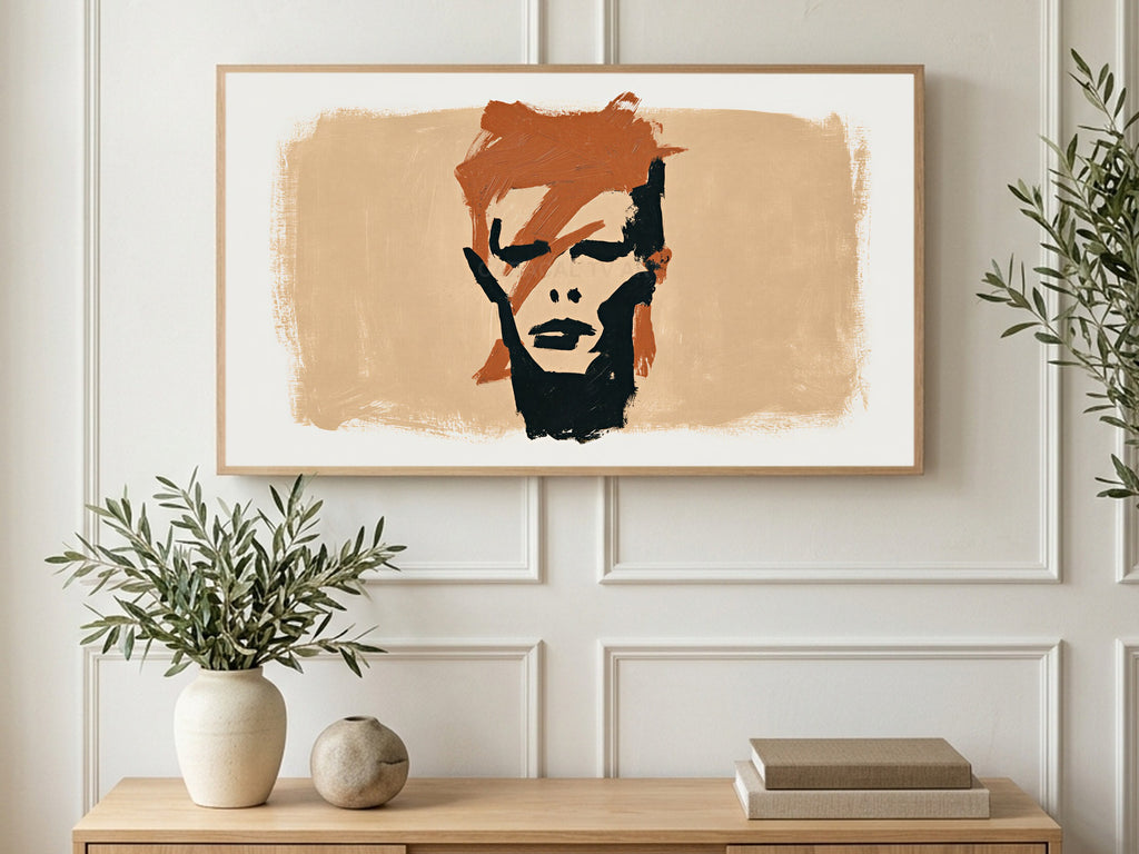 Lightning Bolt Portrait art on a TV in a living room