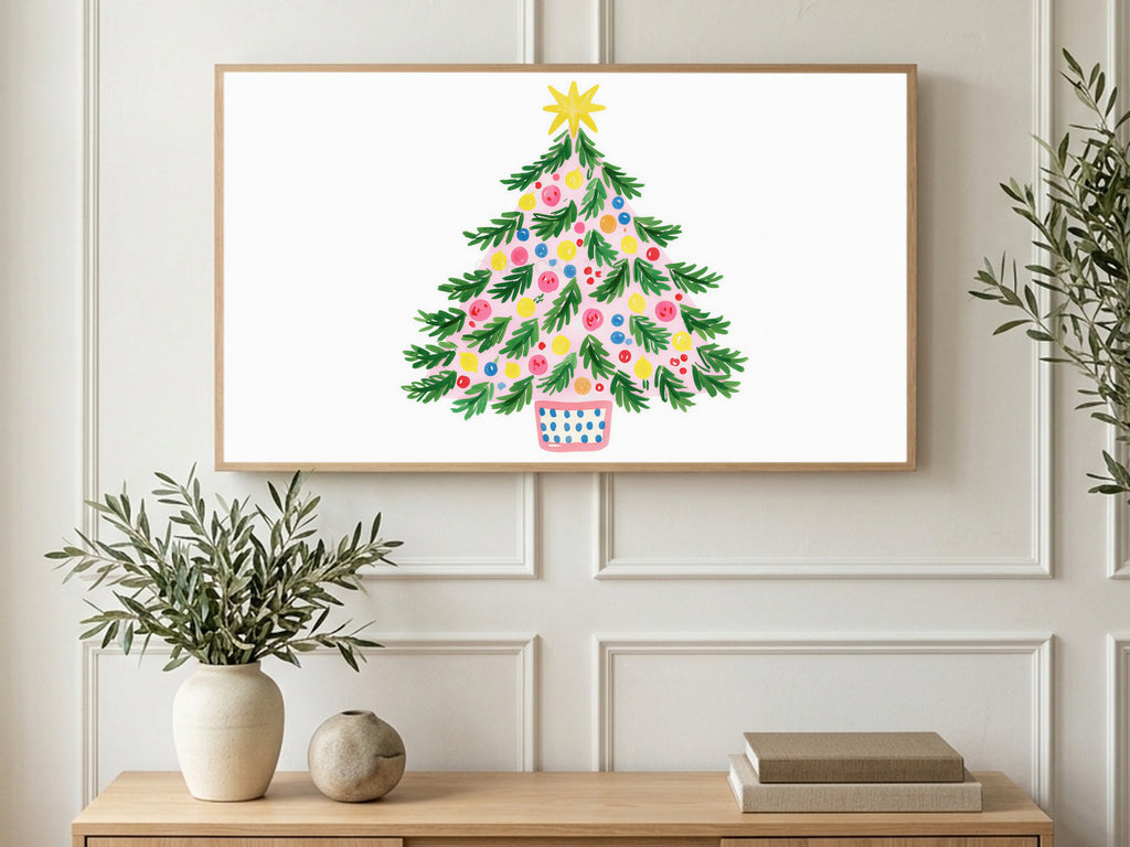 Potted Ornament Tree art on a TV in a living room