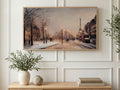 Paris Carriage Snowfall art on a TV in a living room