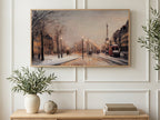 Paris Carriage Snowfall art on a TV in a living room