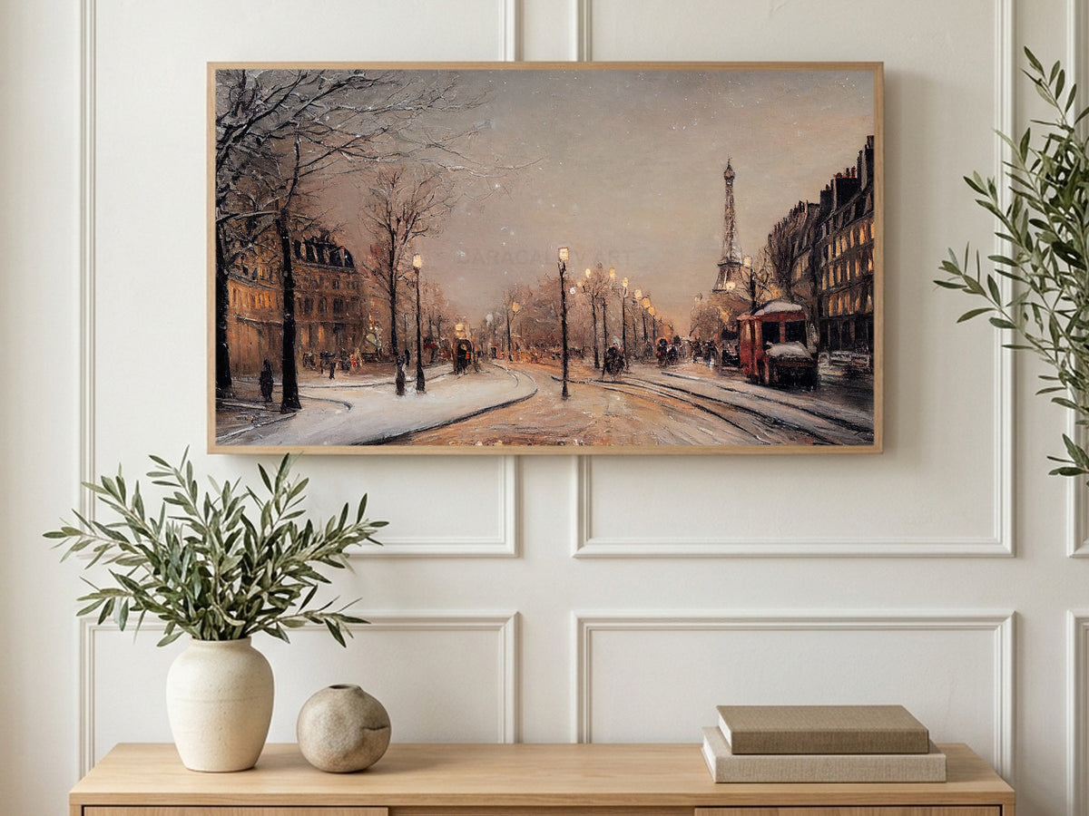 Paris Carriage Snowfall art on a TV in a living room