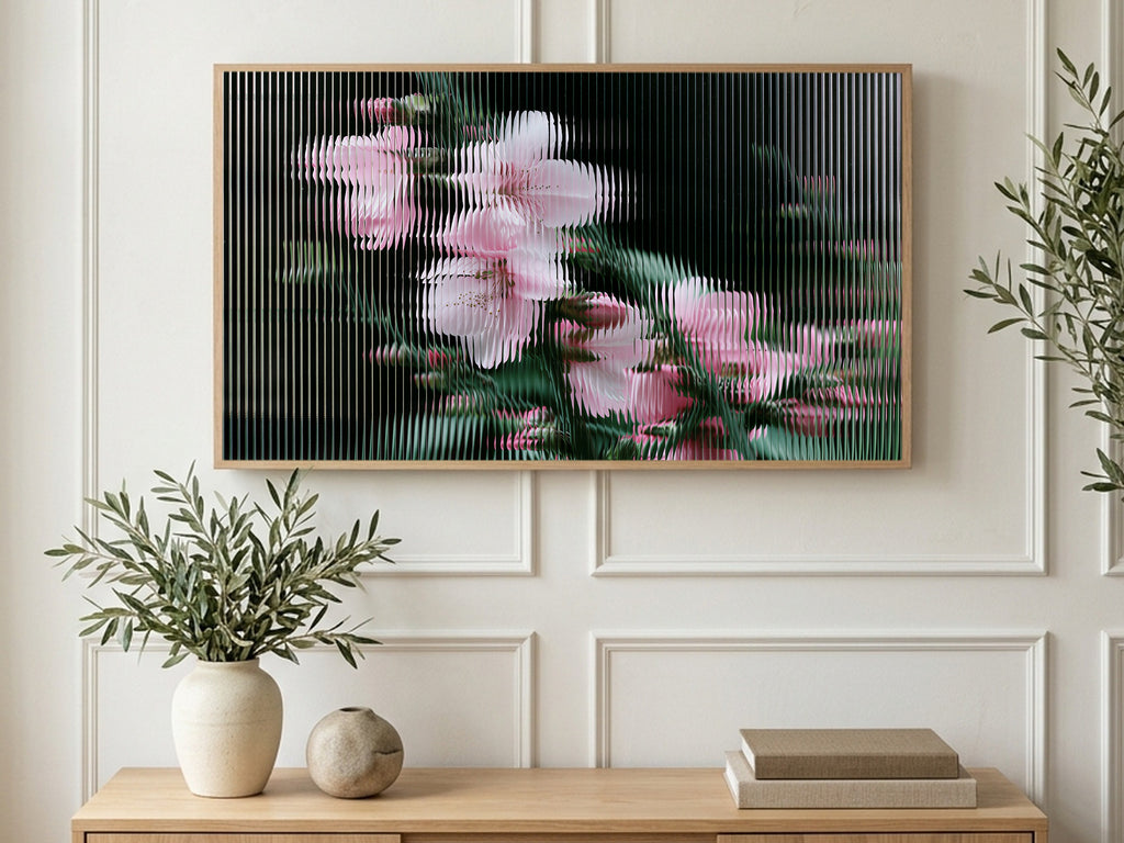 Fluted Glass Blossoms art on a TV in a living room