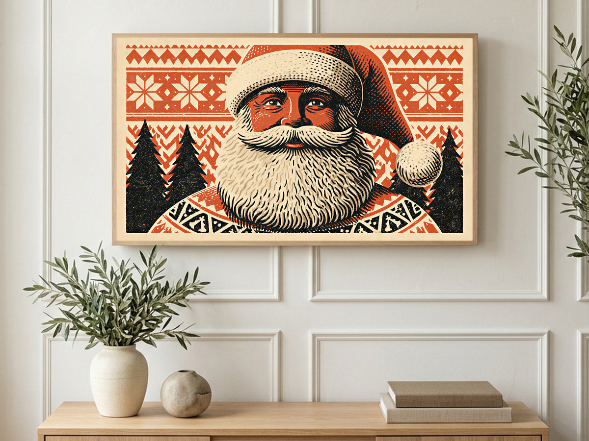 Nordic Santa Portrait art on a TV in a living room