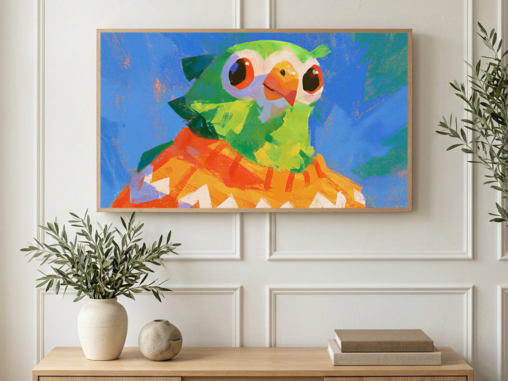 Parrot in a Sweater art on a TV in a living room