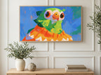 Parrot in a Sweater art on a TV in a living room