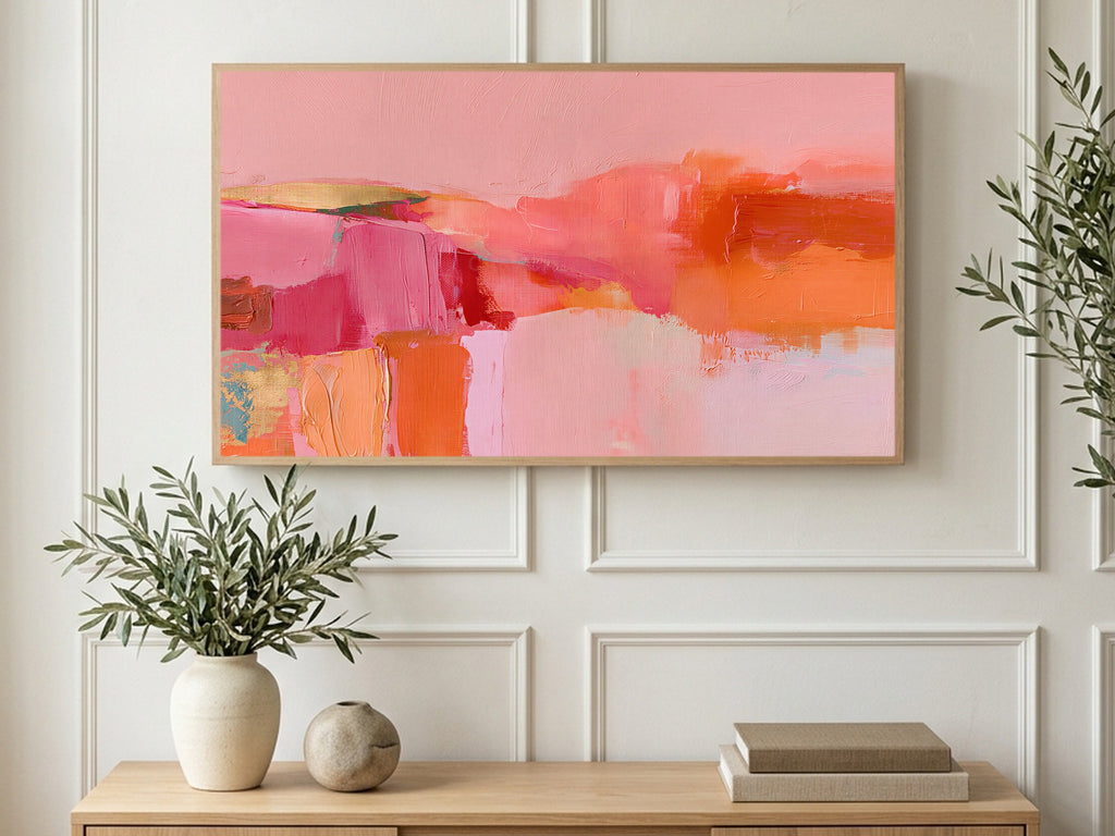 Pink Tangerine Color Blocks art on a TV in a living room