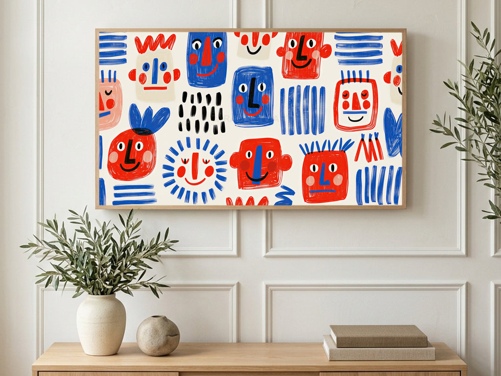 Doodle Face Pattern art on a TV in a living room