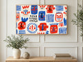 Doodle Face Pattern art on a TV in a living room