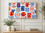 Doodle Face Pattern art on a TV in a living room