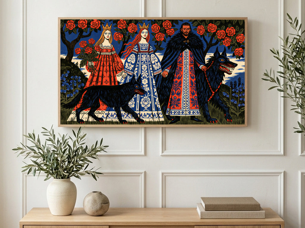 Princesses and Black Wolves art on a TV in a living room