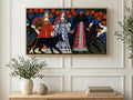 Princesses and Black Wolves art on a TV in a living room