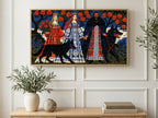 Princesses and Black Wolves art on a TV in a living room