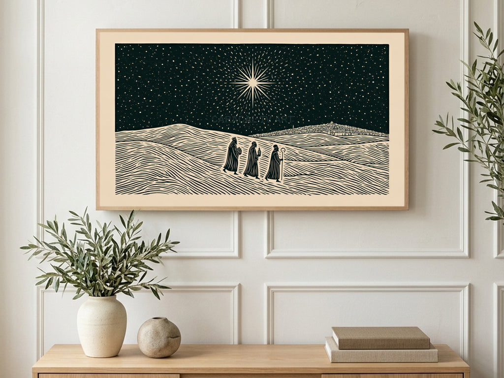 Wise Men Under Star art on a TV in a living room