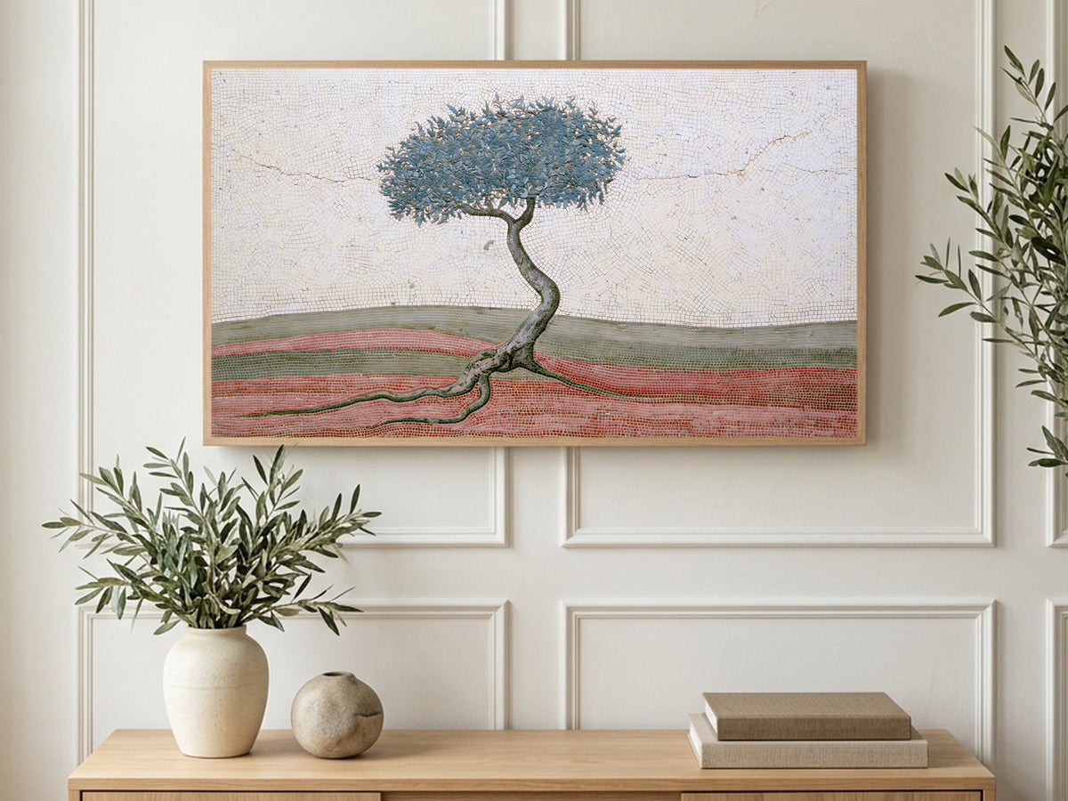 Mosaic Tree Red Hills art on a TV in a living room