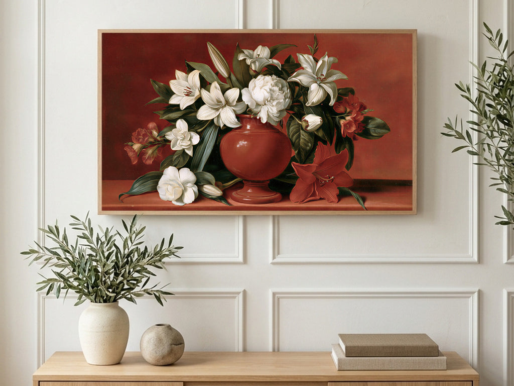 White Lilies Red Vase art on a TV in a living room