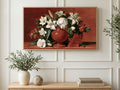 White Lilies Red Vase art on a TV in a living room