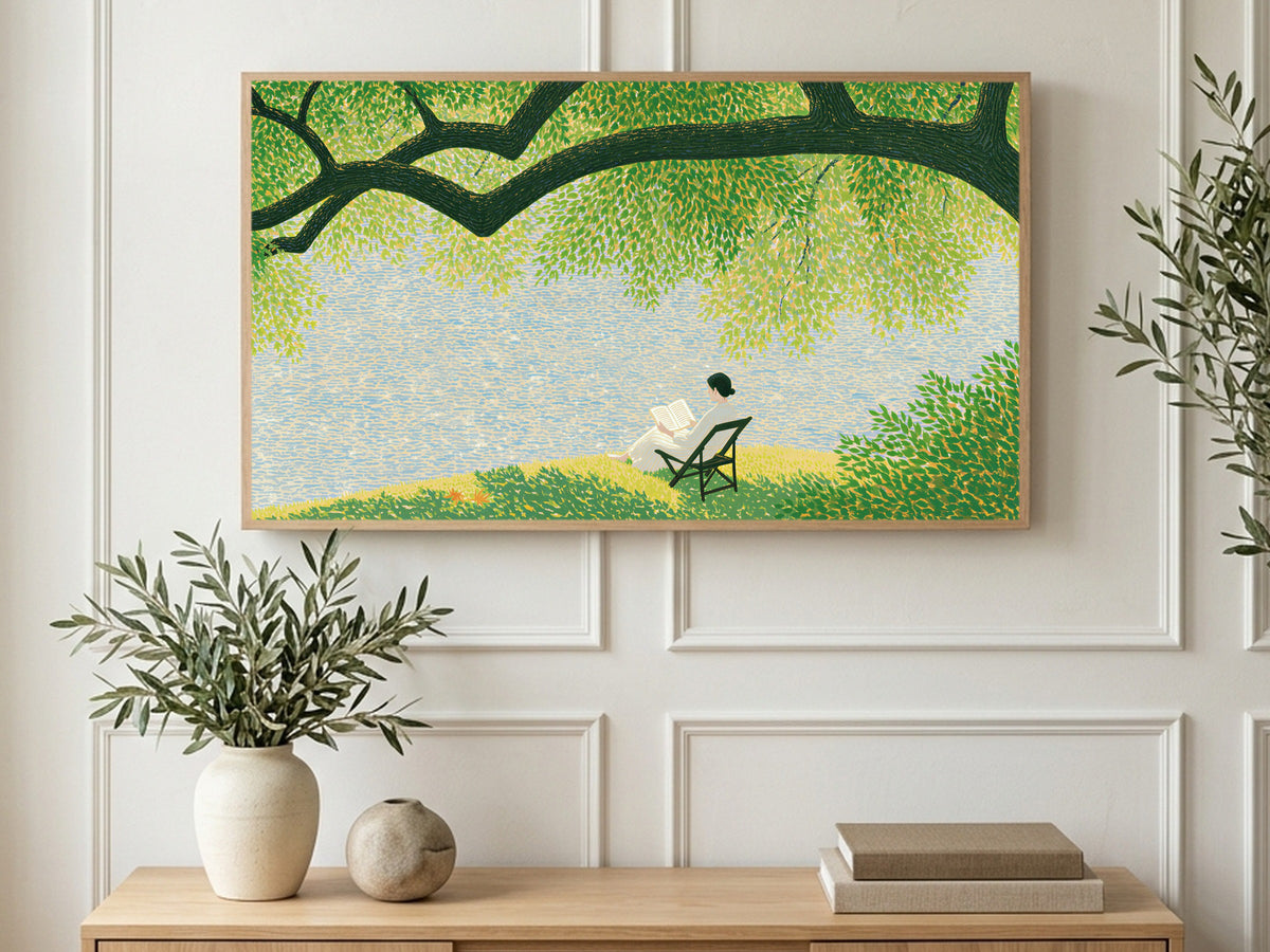 Reading by the Lake art on a TV in a living room