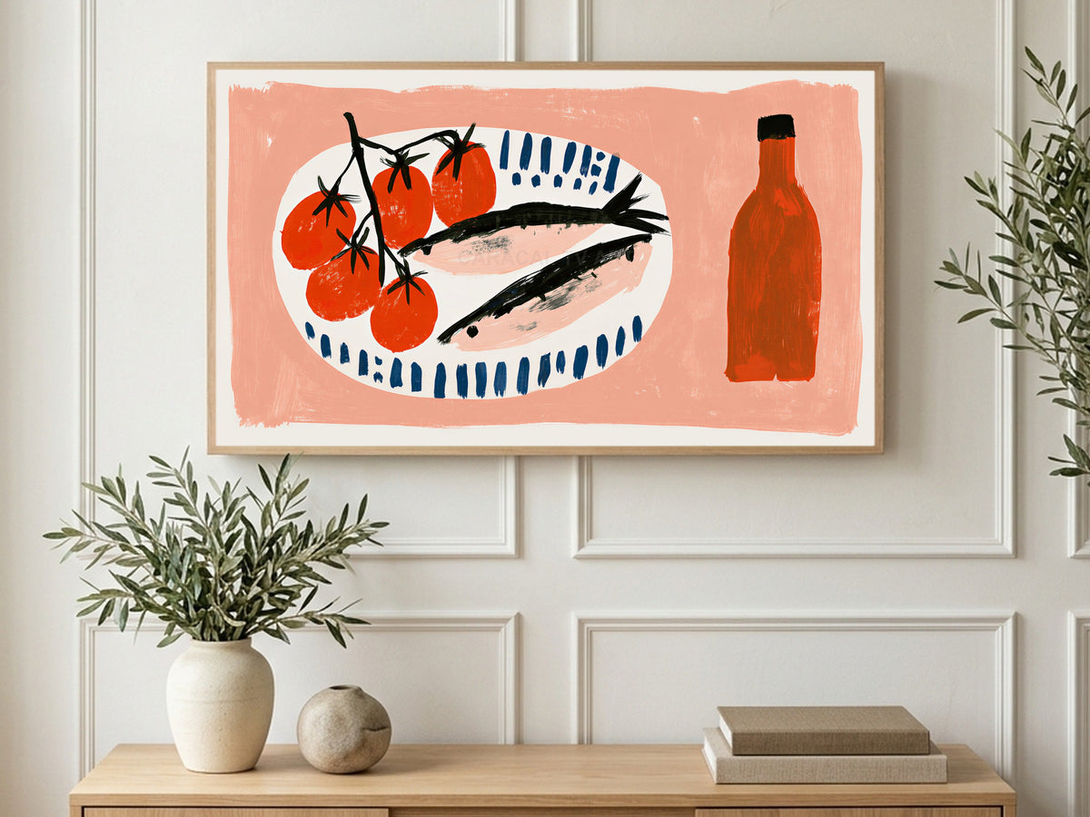 Sardines and Tomatoes art on a TV in a living room